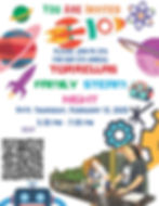 Invitation for Family STEAM Night at PS 376, Feb 13, 2025, 5:30-7 PM. Features colorful space-themed graphics. RSVP with QR code.